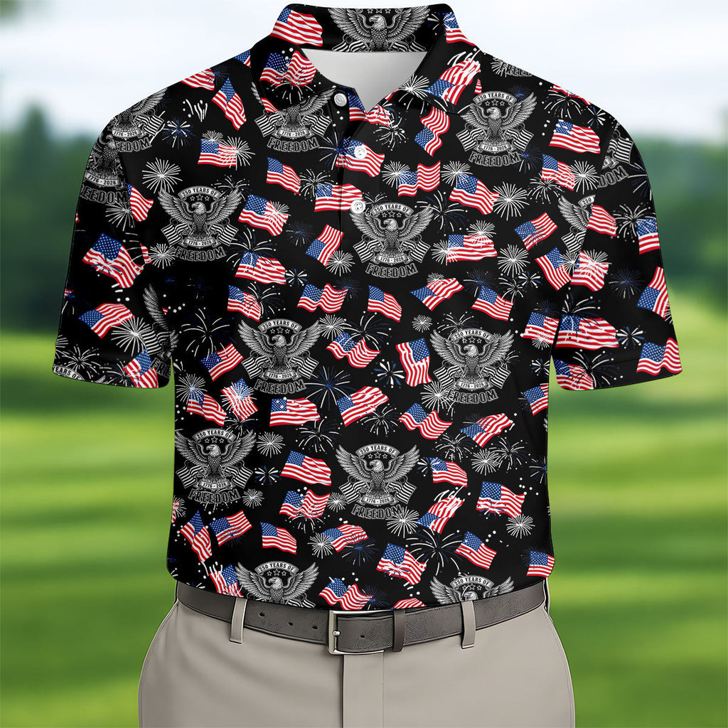 250 Years Of Freedom Festive Flag Vintage Black Golf Shirt, Patriotic 4th Of July Golf Shirts For Men