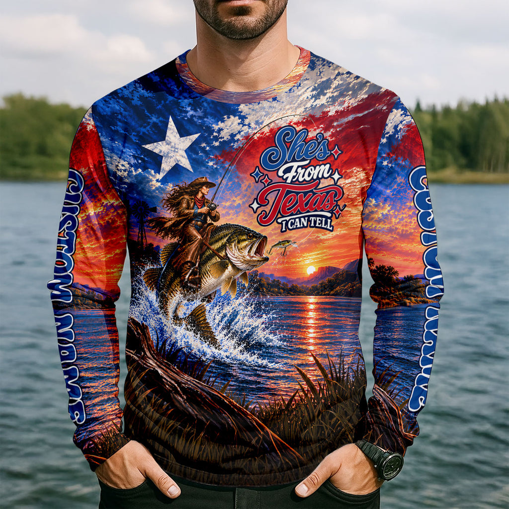 Shes From Texas I Can Tell Fishing UPF Shirt, Long Sleeve Fishing Shirt, Fishing Shirts For Men