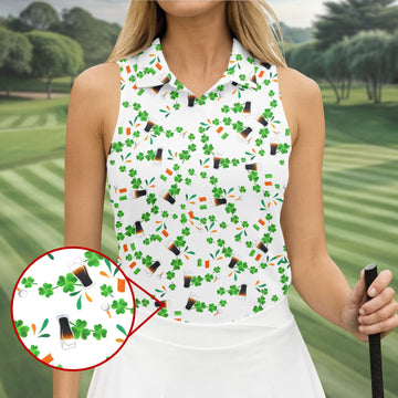 Dark Stout Beer St Patrick's Day Shamrocks White Golf Shirt, Women's Golf Tops, Ladies Golf Shirt