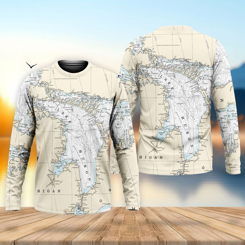 Vintage Lake Huron Map UPF Shirt, Long Sleeve Fishing Shirt For Men, Fishing Sun Shirt