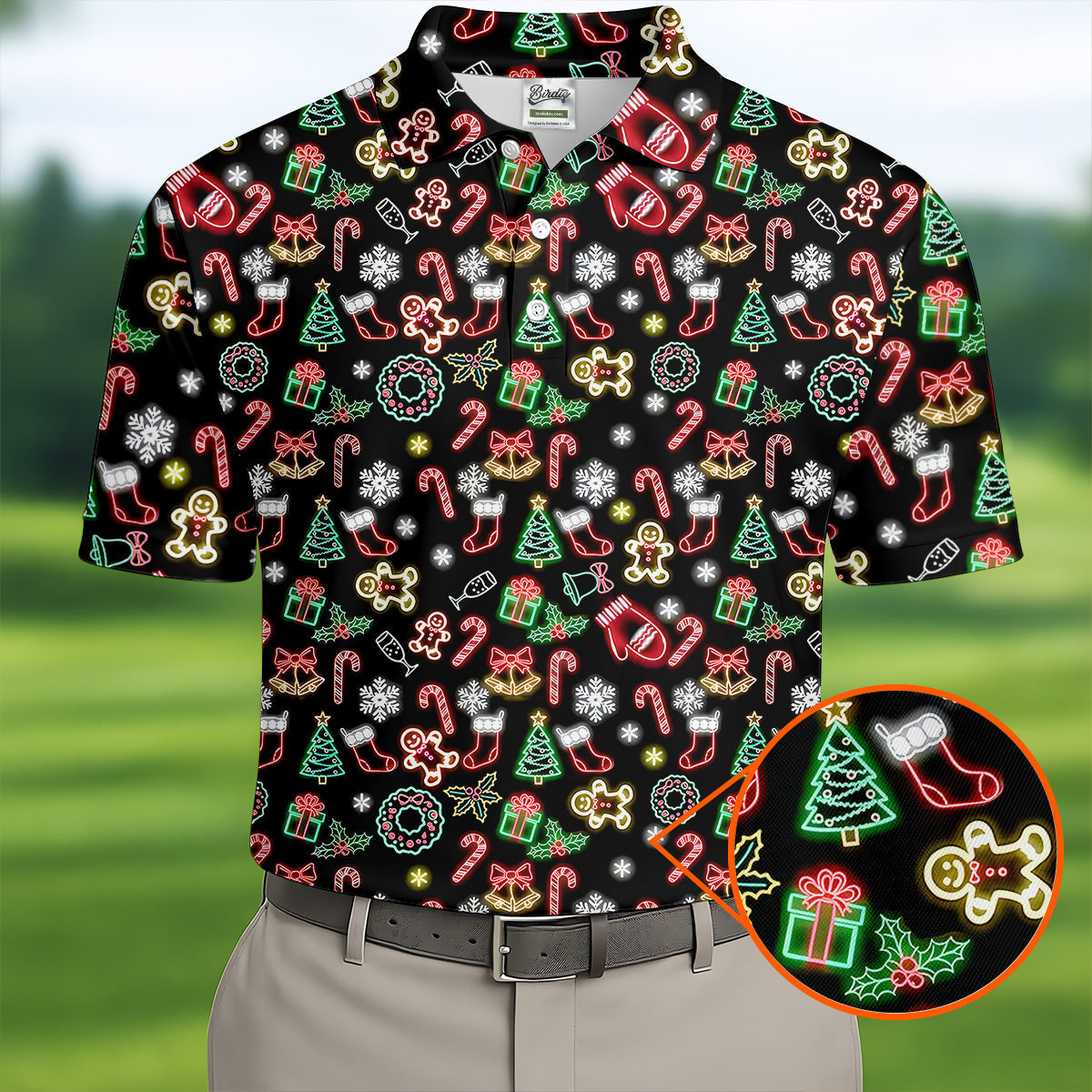 Neon Christmas Pattern Black Golf Polo Shirt, Fun Men's Golf Polos, Christmas Golf Gift, Golfing Apparel