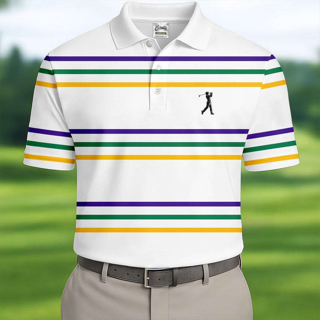 Mardi Gras Purple Green Gold Stripe Pattern Golf Tops For Men, Men's White Polo, Golf Shirts For Men