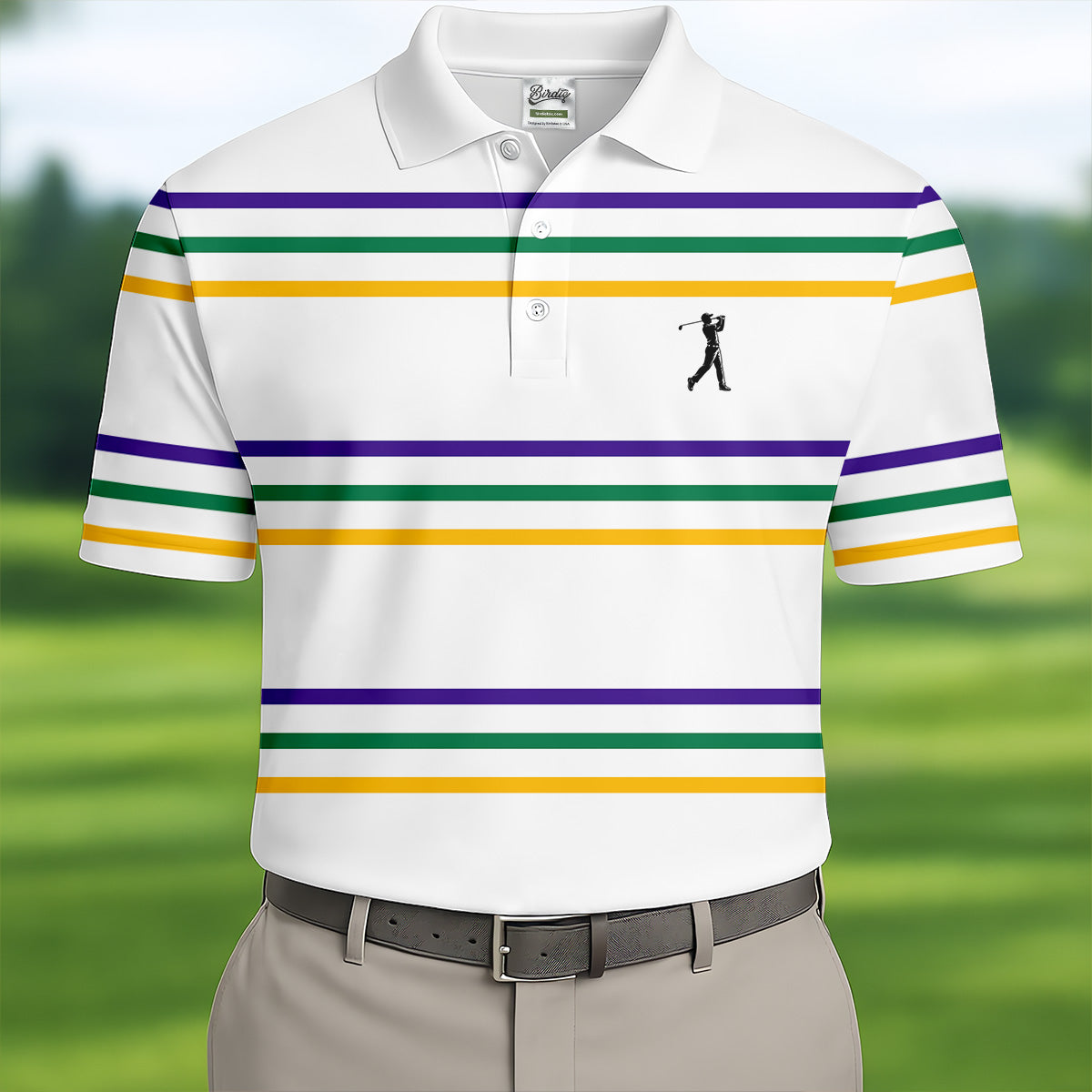 Mardi Gras Purple Green Gold Stripe Pattern Golf Tops For Men, Men's White Polo, Golf Shirts For Men