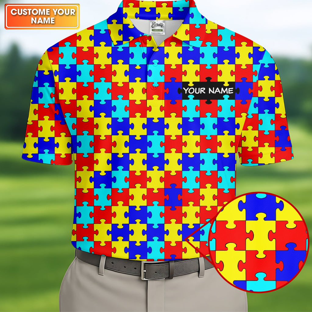 Autism Awareness Colorful Puzzle Pattern Golf Tops For Men, Polo ShirtFor Men, Golf Shirts For Men