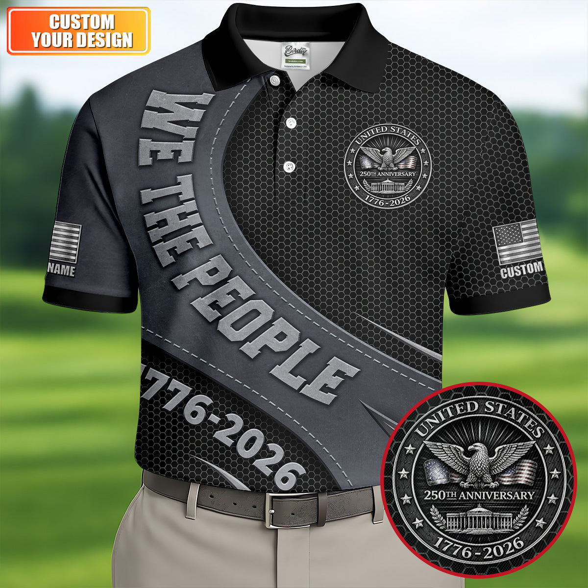 We The People US 250th Anniversary Hexagon Pattern Custom Golf Shirts, 4th Of July Patriotic Golf Shirts For Men