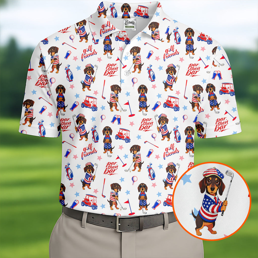 Par Then Bar Cute Dachshund Golf Pose 4th Of July Golf Shirts For Men, 250th Anniversary Patriotic Golf Shirt