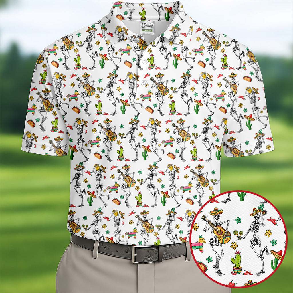 Dia De Muertos Skeletons Cinco De Mayo Celebration Fiesta Themed White Golf Shirts For Men