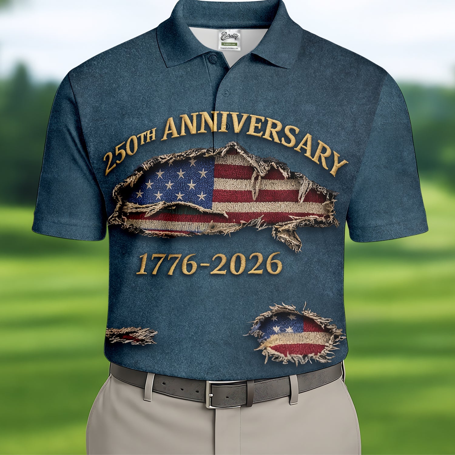 Patriotic American Flag 250th Anniversary Blue Denim Color Ripped Effect Golf Shirts For Men, Polo Shirts For Men