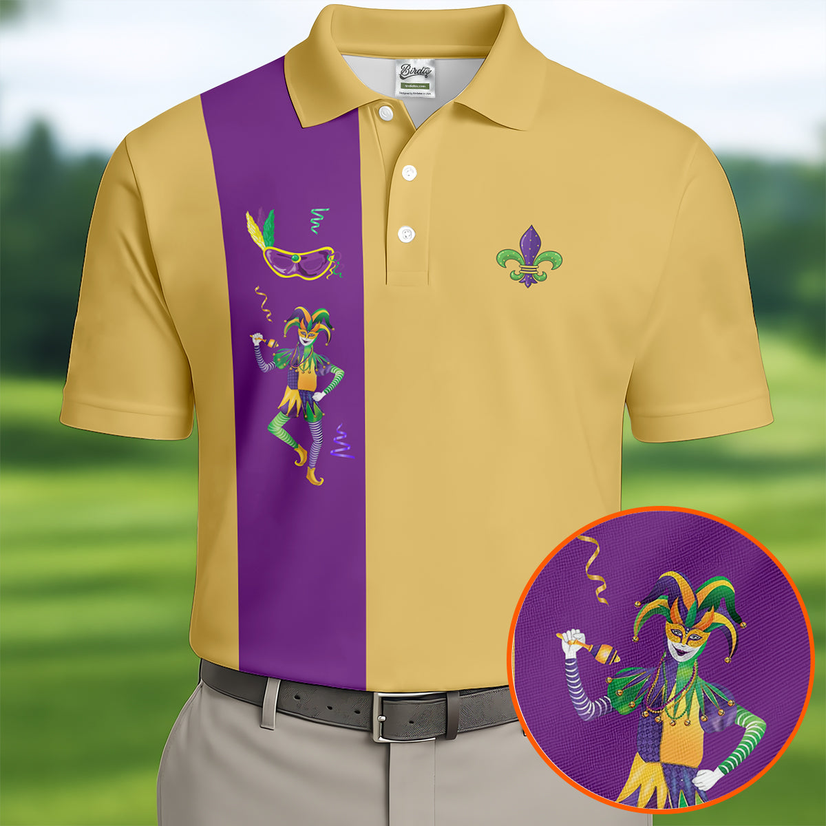 Mardi Gras Festival Jester Figure Fleur De Lis Symbol Yellow Golf Shirt, Polo ShirtFor Men, Golf Shirts For Men