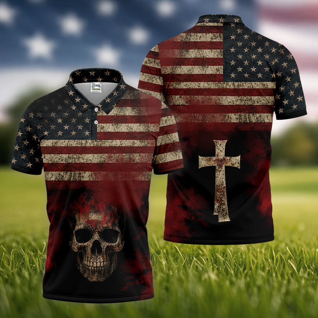 Cool Skull Faith Cross Distressed US Flag 4th Of July Golf Shirt, 250 Years Polo Shirts For Men