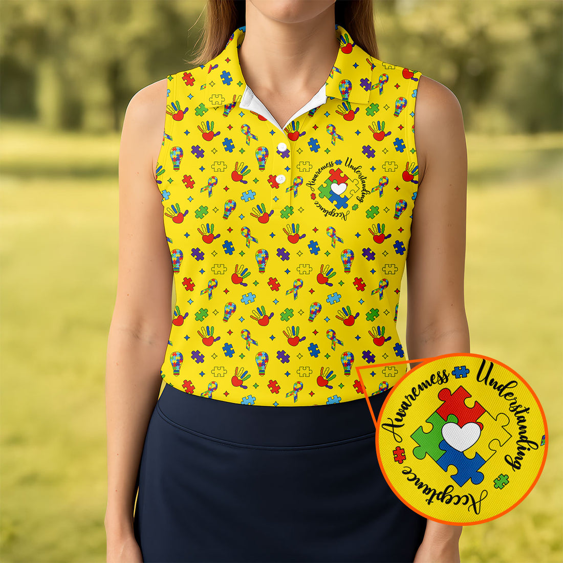 Awareness Understanding Acceptance Autism Ribbon Yellow Golf Shirt, Autism Awareness Colors Women's Golf Tops