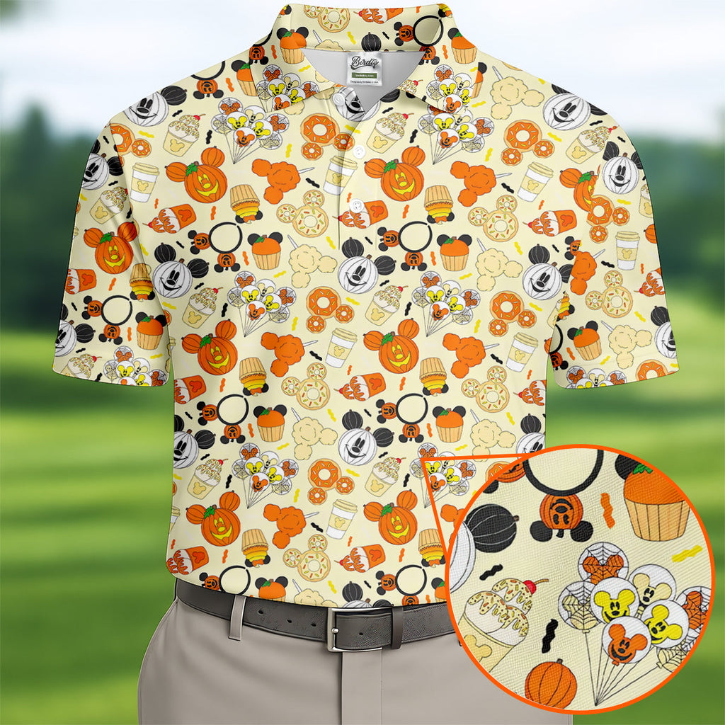 Cute Halloween Mouse Pumpkin Polo Shirts For Men, Sweet Spooky Golf Tops For Men, Halloween Golf Shirt
