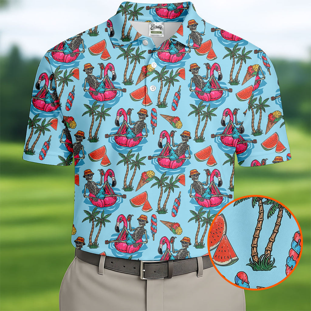 Skeleton Flamingo Summer Vibe Retro Golf Shirt, Men's Funny Golf Shirts, Polo Shirts For Men, Golf Shirts For Men