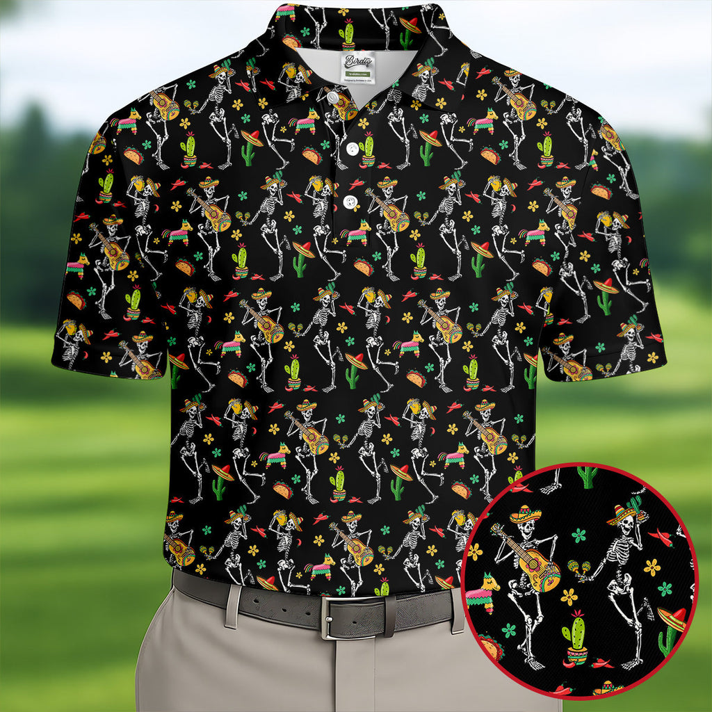 Dia De Muertos Skeletons Cinco De Mayo Celebration Fiesta Themed Black Golf Shirts For Men