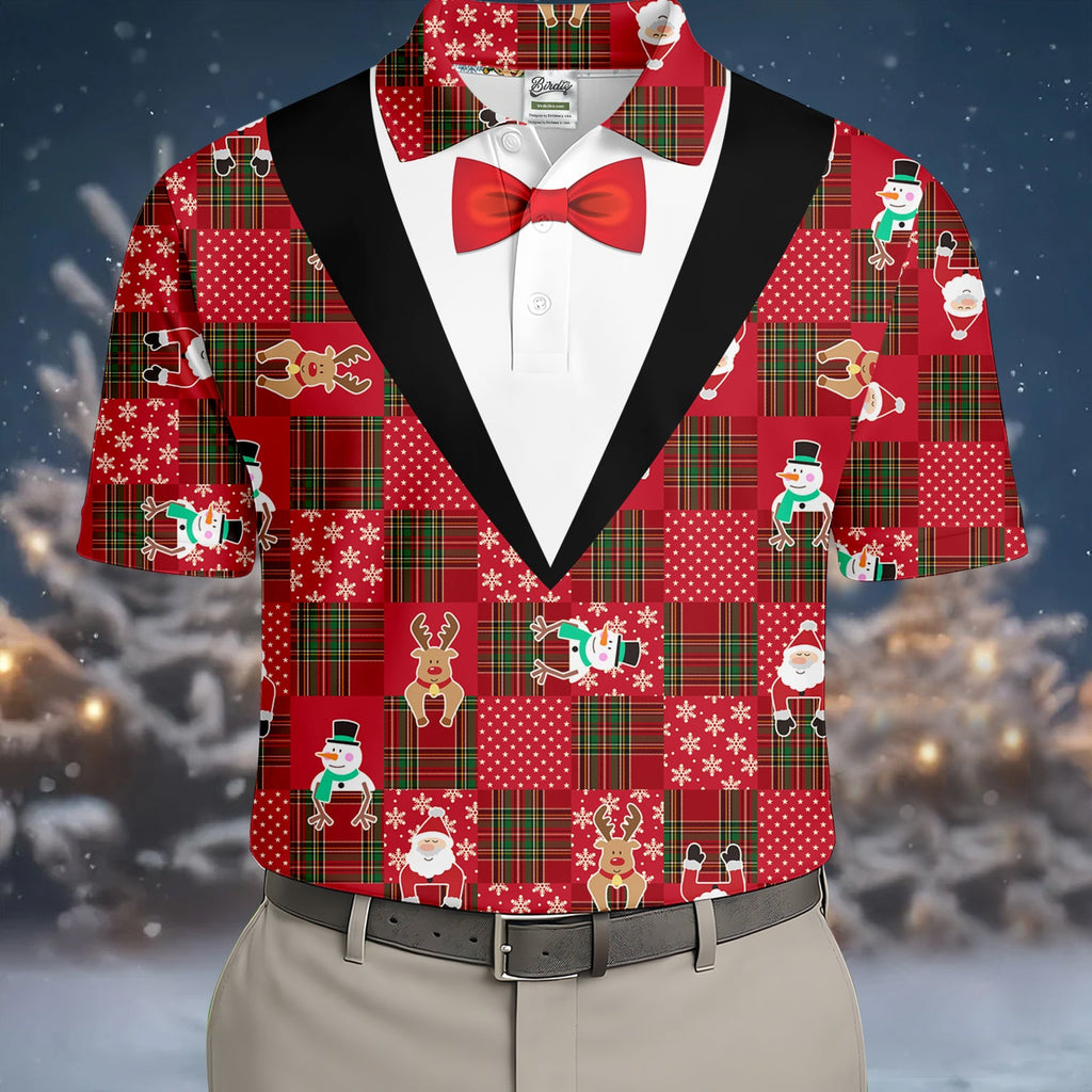 Red Plaid Funny Holiday Vintage Print Men's Golf Polo Shirts, Christmas Golf Shirt, Golf Gift For Men