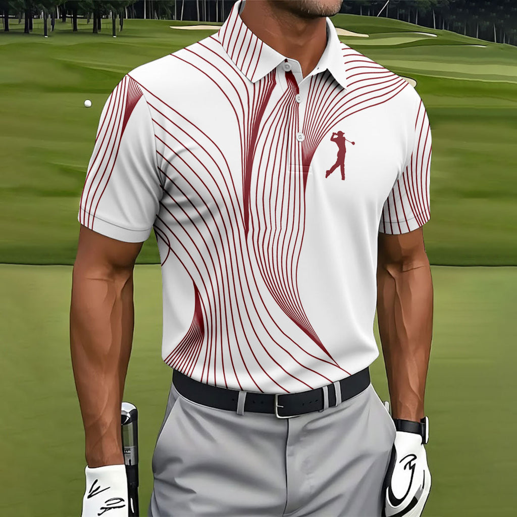 Geometric Line Wavy Line Maroon And White Golf Shirts For Men, Men's Golf Shirt, Polo Shirts For Men