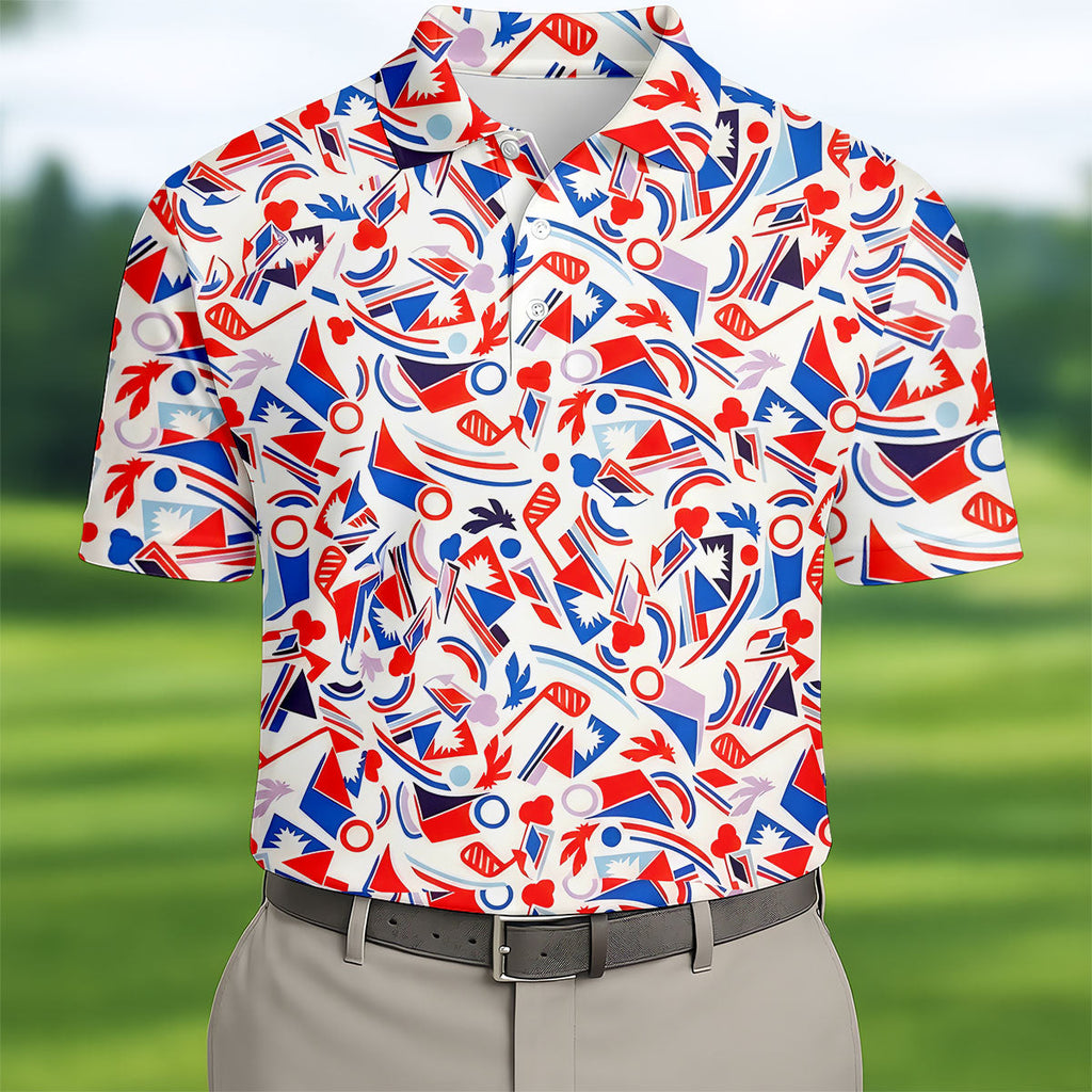 Red White Blue Golf Pattern Patriotic Golf Shirt, 250 Years Of Freedom 4th Of July Golf Shirts For Men