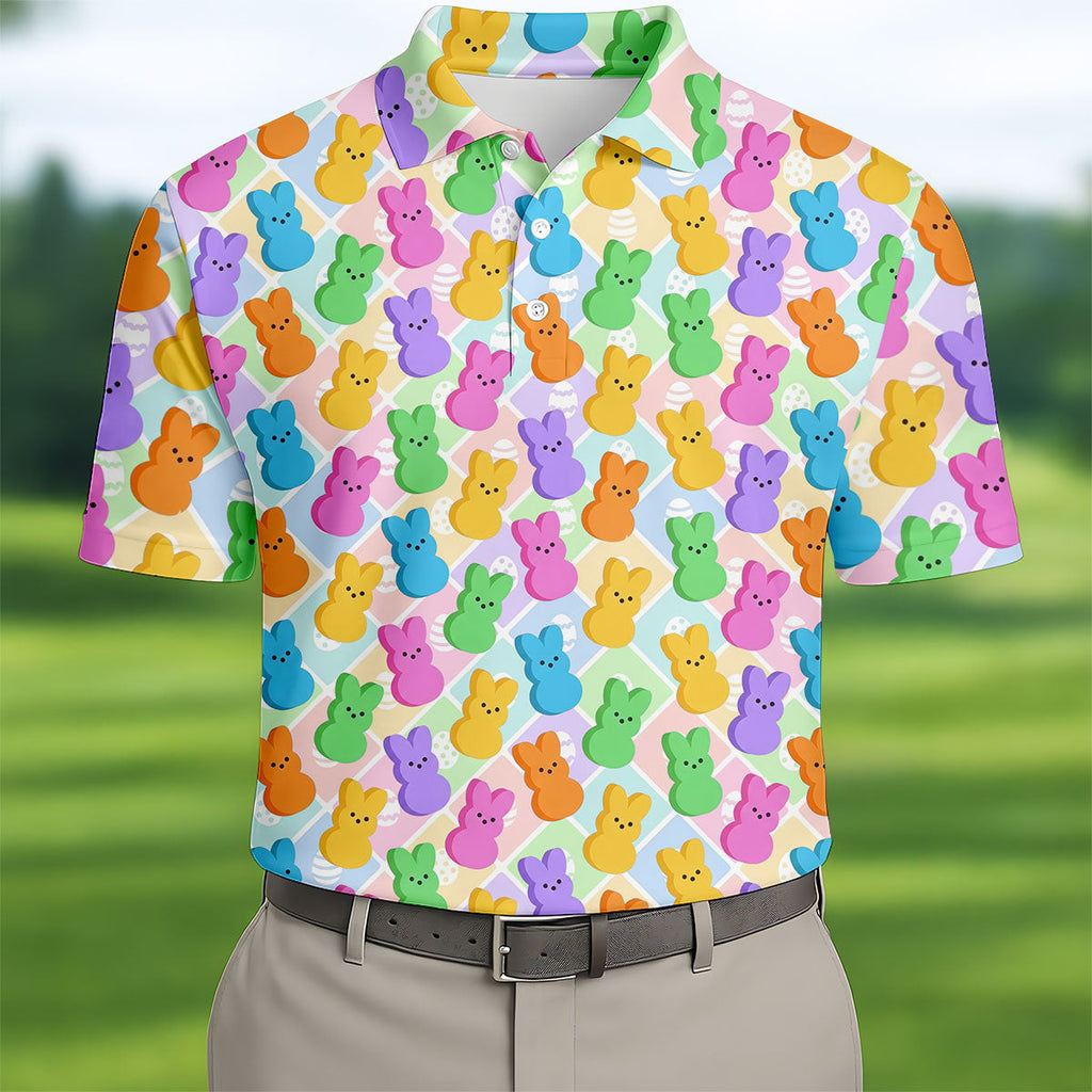 Pastel Easter Peeps Colorful Checkered Golf Shirts For Men, Cute Golf Outfit, Polo ShirtFor Men