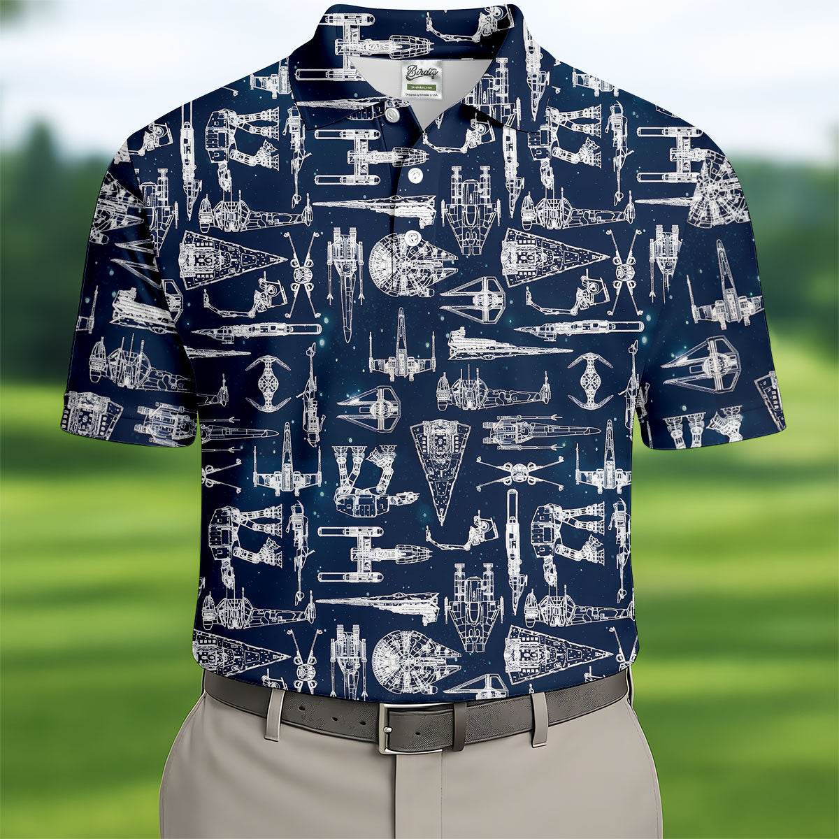 Line-art Sketches Sci-Fi Spacecraft Dark Navy Golf Shirts For Men, Polo Shirts For Men, Golfing Apparel