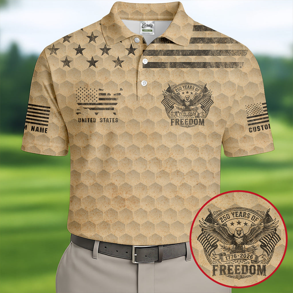 250 Years Of Freedom Distressed Golf Ball Pattern Patriotic Golf Shirt, 4th Of July Golf Shirts For Men
