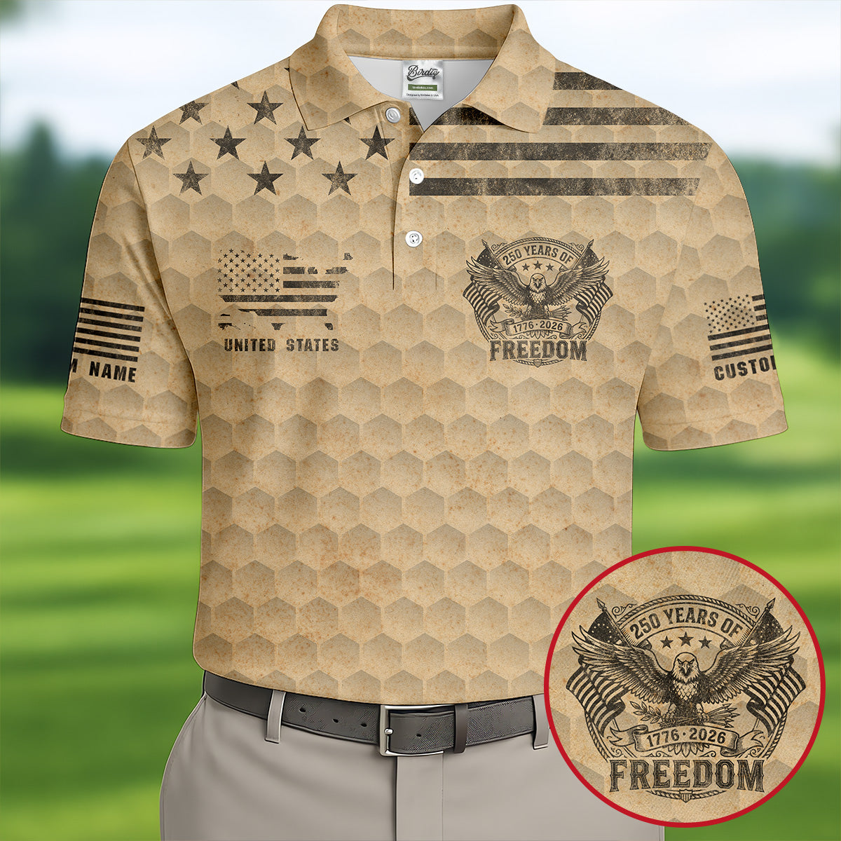 250 Years Of Freedom Distressed Golf Ball Pattern Patriotic Golf Shirt, 4th Of July Golf Shirts For Men