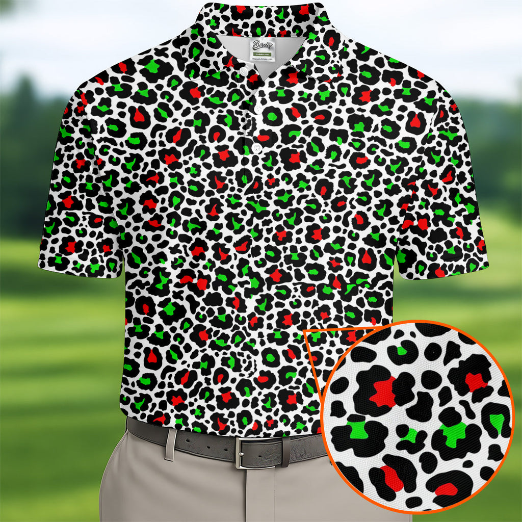 Leopard Pattern Xmas Pine Tree Green And Red Golf Tops For Men, Christmas Golf Shirt, Polo Shirts For Men