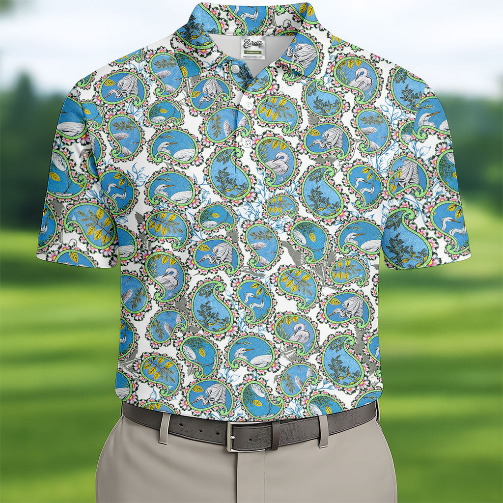 Paisley Flowers Heron Painting Print Golf Shirt, Polo Shirts For Men, Golf Shirts For Men