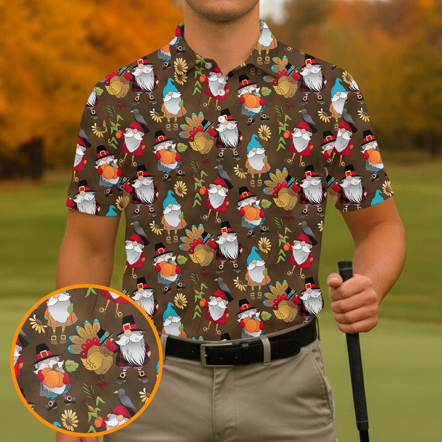 Turkey Gnome Thanksgiving Golf Tops For Men, Fun Golf Shirts For Men, Polo Shirts For Men, Golfing Apparel