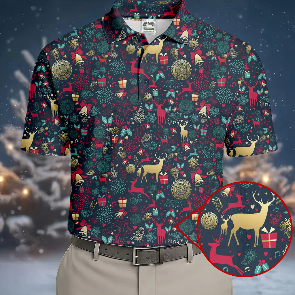 Vintage Reindeer Bell Dark Navy Christmas Golf Tops For Men, Gift Christmas Golf Shirt Polos, Men Golf Apparel