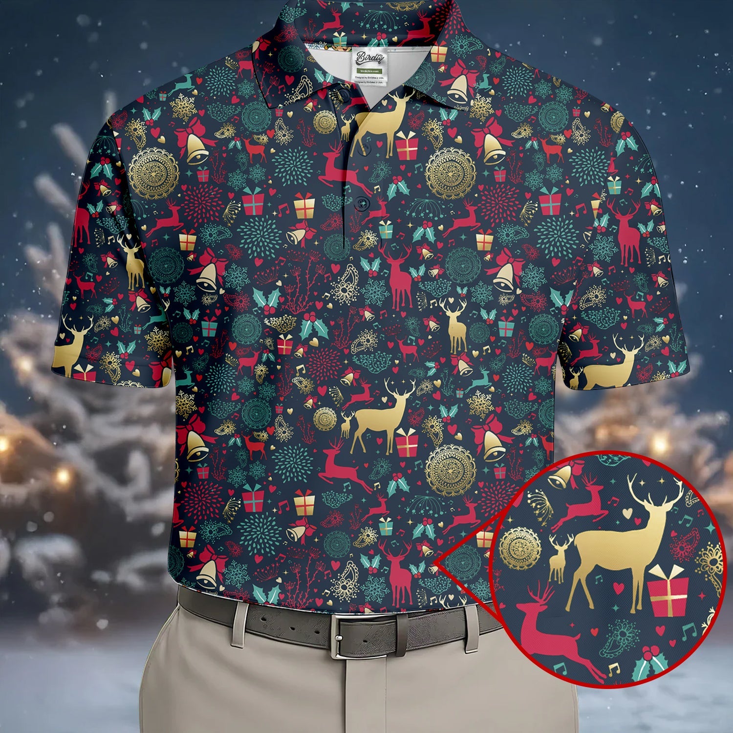 Vintage Reindeer Bell Dark Navy Christmas Golf Tops For Men, Gift Christmas Golf Shirt Polos, Men Golf Apparel