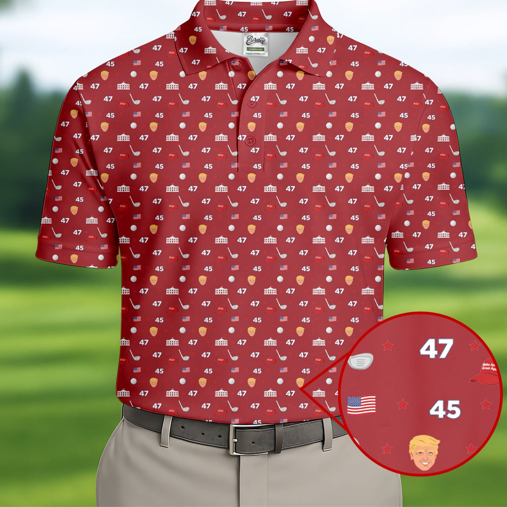 45 47 US Flag Pattern Red Golf Shirt, Funny Golf Shirt, Golf Shirts For Men, Golf Gift For Men