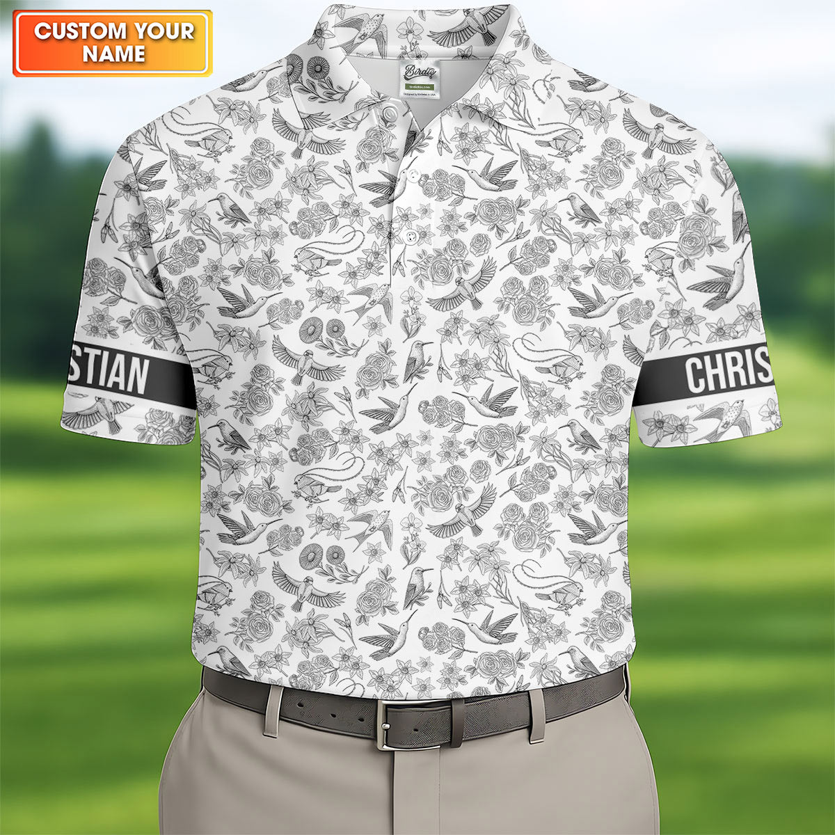 Custom Name Toile de Jouy Birds And Flowers Grey And White Polo Shirts For Men, Golf Gift For Men