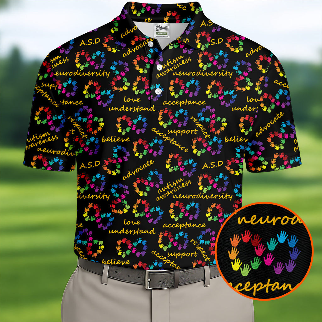 Rainbow Infinity Symbol Autism Awareness Colorful Handprint Golf Shirts For Men, Polo Shirts For Men