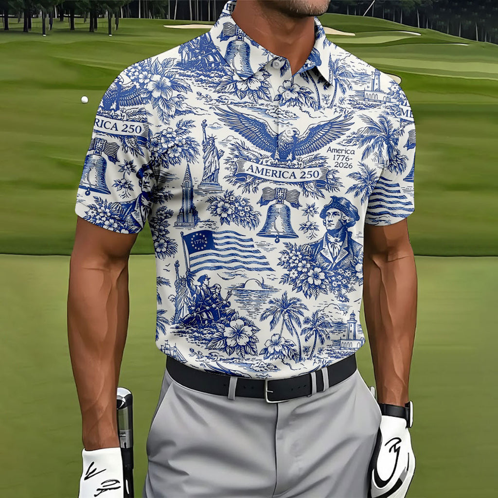 250th Anniversary Toile De Jouy American Symbols Vintage Golf Shirt, Patriotic 4th Of July Golf Shirts For Men