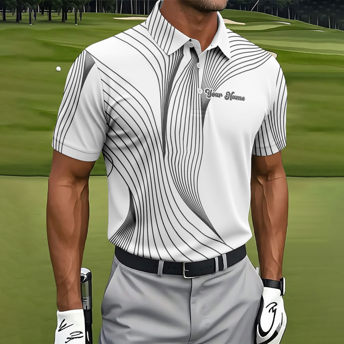 Geometric Line Wavy Line Black And White Custom Name Golf Shirts For Men, Men's Golf Shirt, Polo Shirts For Men