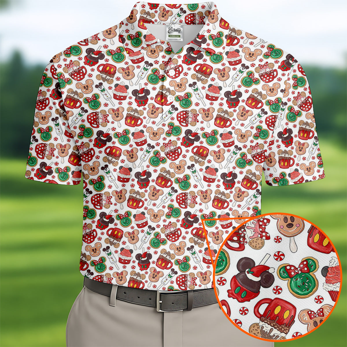 Cute Christmas Dessert Pattern Golf Tops For Men, Cartoon Character Polo Shirts For Men, Christmas Golf Shirt