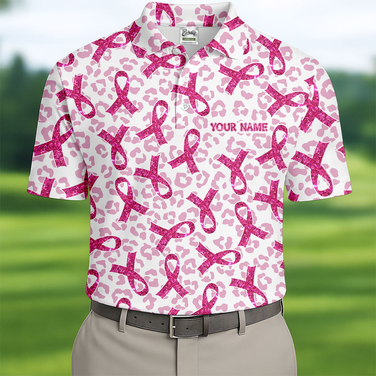Breast Cancer Pink Ribbon Leopard Pattern Golf Tops For Men, Cancer Awareness Shirt, Golf Shirts For Men