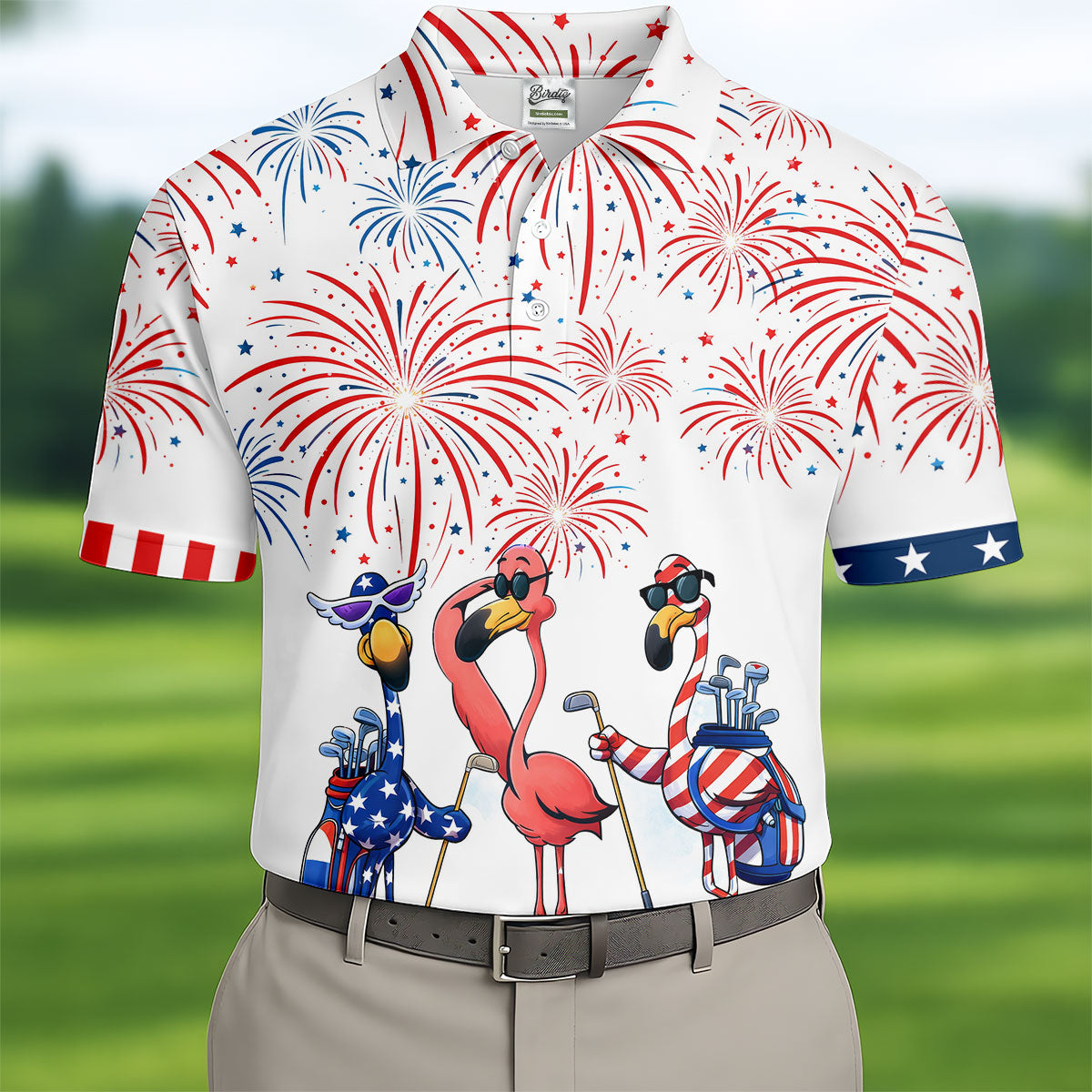 Funny Flamingo American Flag Pattern White Golf Shirt, 250th Anniversary Patriotic Golf Shirt, Golf Shirts For Men