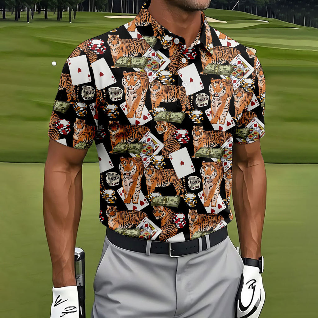 Money Tiger Poker Dice Chips And Cards Hawaiian Golf Shirt, Men's Funny Golf Shirts