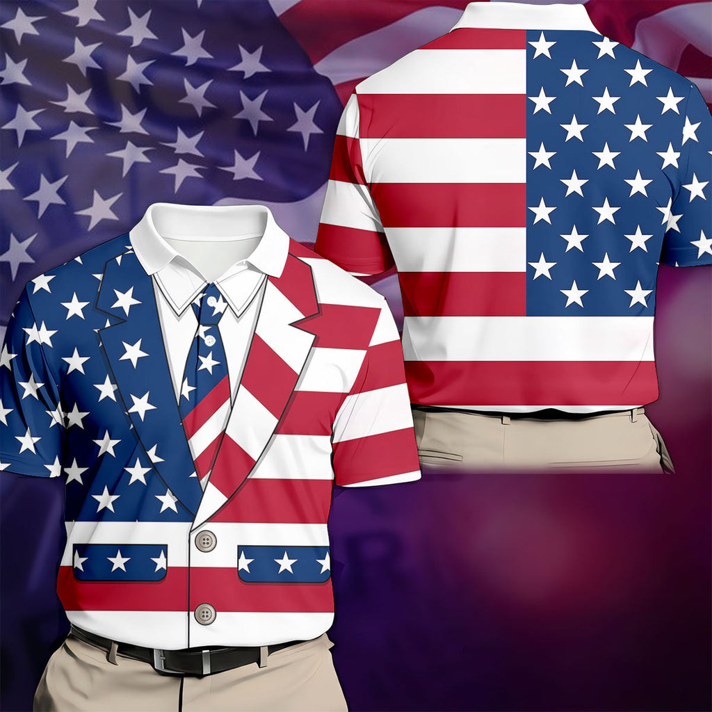 US Flag Tuxedo Costume Patriotic 4th Of July Golf Shirt, 250 Years Polo Shirts For Men