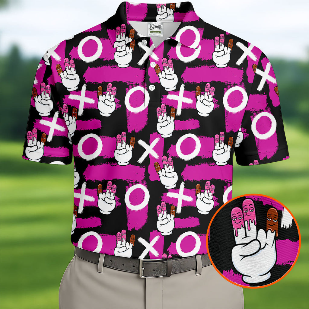 Chocolate Fingers Adult Humor XOXO Black Purple Fun Golf Shirts For Men, Valentines Golf Gift, Polo Shirts For Men