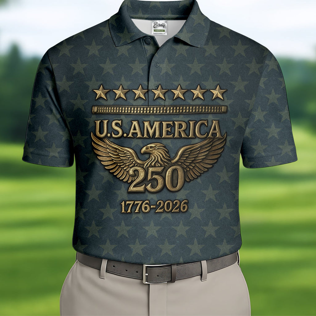 US America 250th Anniversary Denim Color Star Pattern Golf Tops For Men, Patriotic Golf Shirt, Golf Shirts For Men