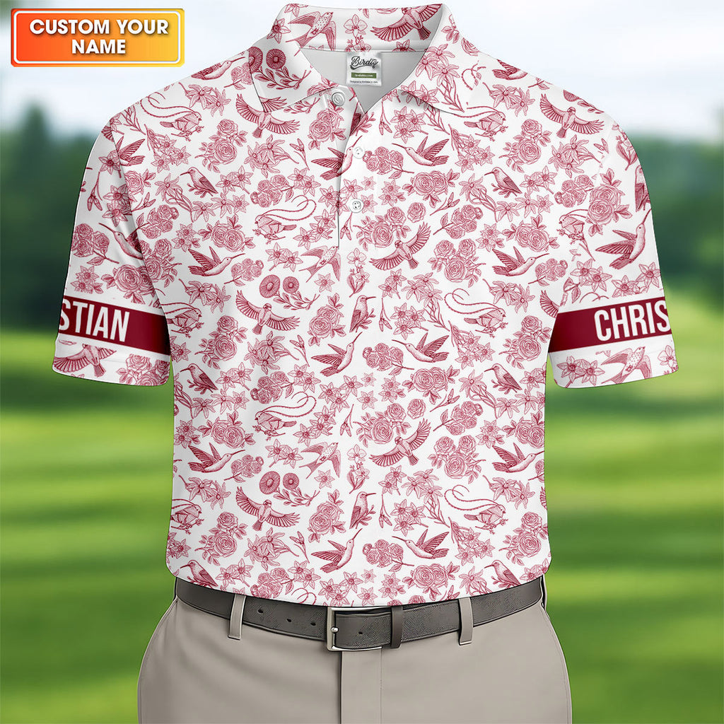 Custom Name Toile de Jouy Birds And Flowers White And Red Polo Shirts For Men, Golf Gift For Men