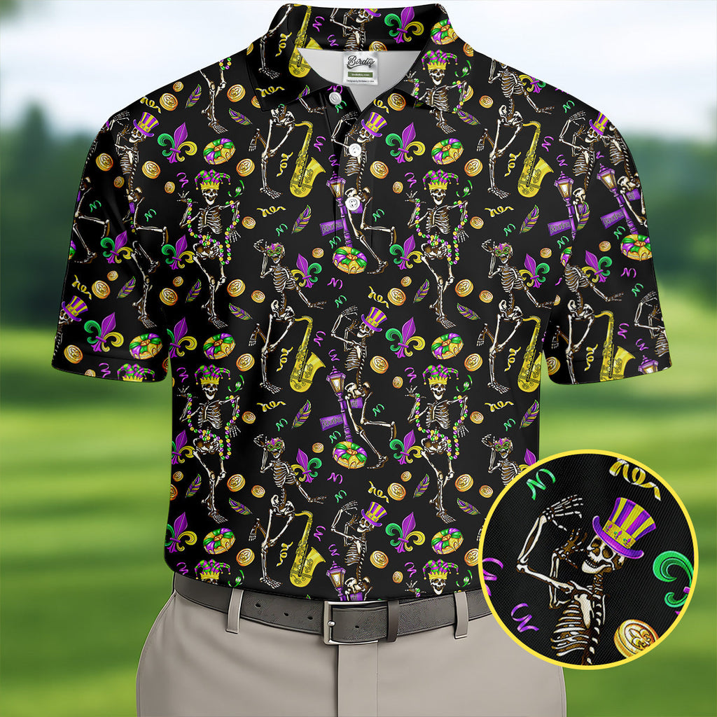 Dancing Skeleton Mardi Gras Fleur De Lis Black Golf Shirt, Polo Shirts For Men, Golf Shirts For Men