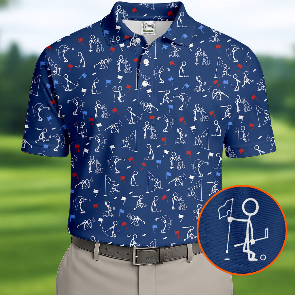 Funny Stick Figure Golf Pose Red White Blue Patriotic Golf Shirt, 250th Anniversary Golf Shirts For Men