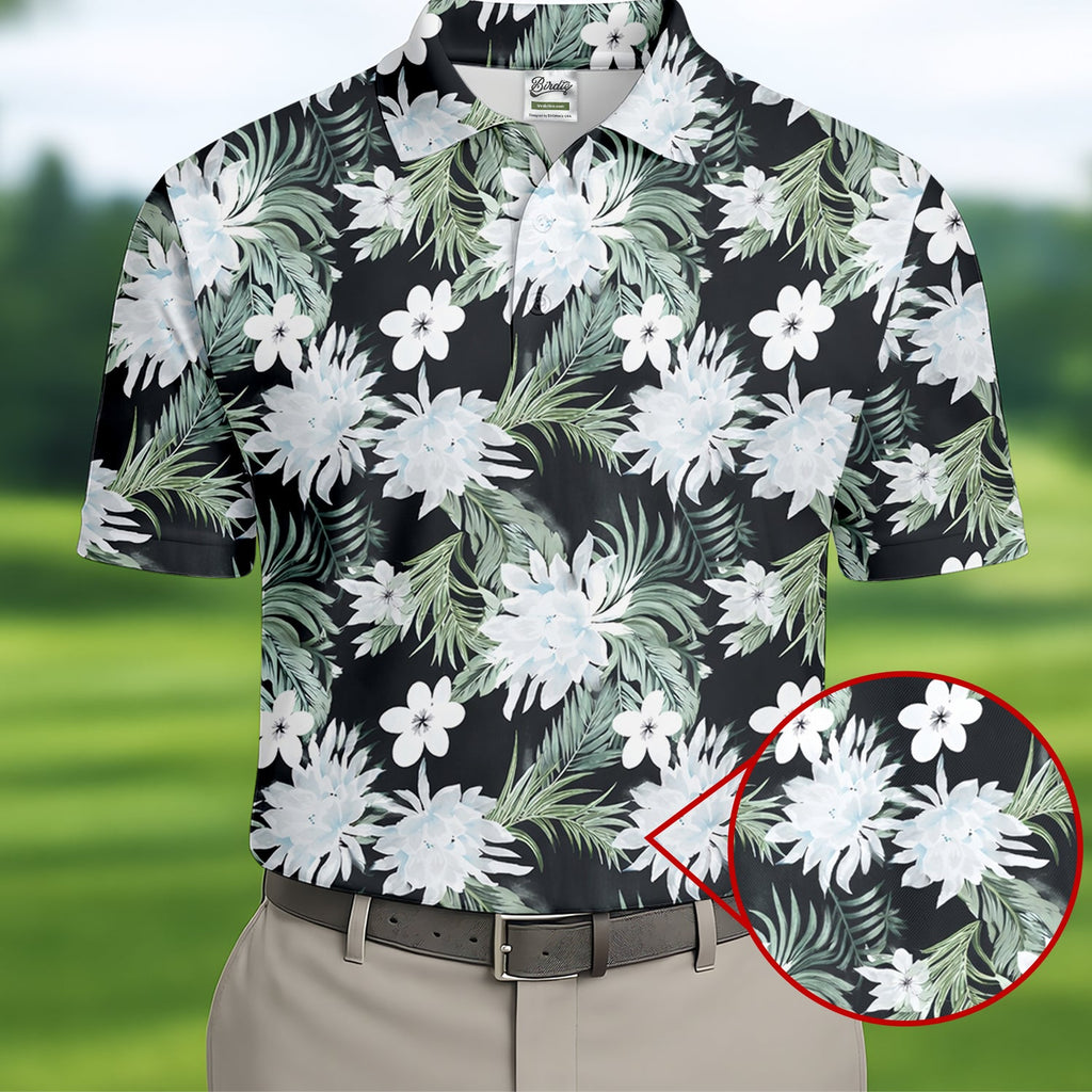 White Flower Tropical Hawaiian Vibe Golf Tops For Men, Golf Shirts For Men, Golf Gift For Men