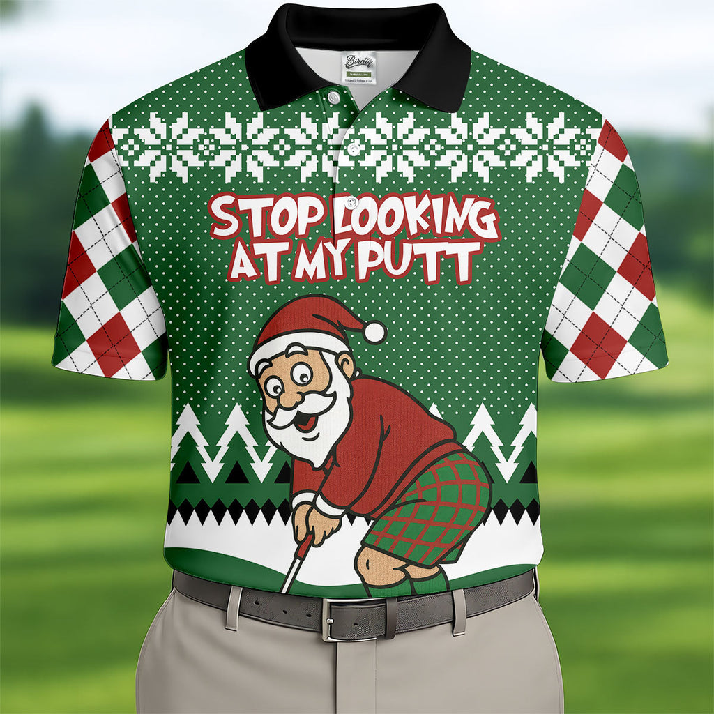 Stop Looking At My Putt Funny Santa Claus Argyle Golf Shirt, Christmas Golf Shirt, Polo ShirtFor Men