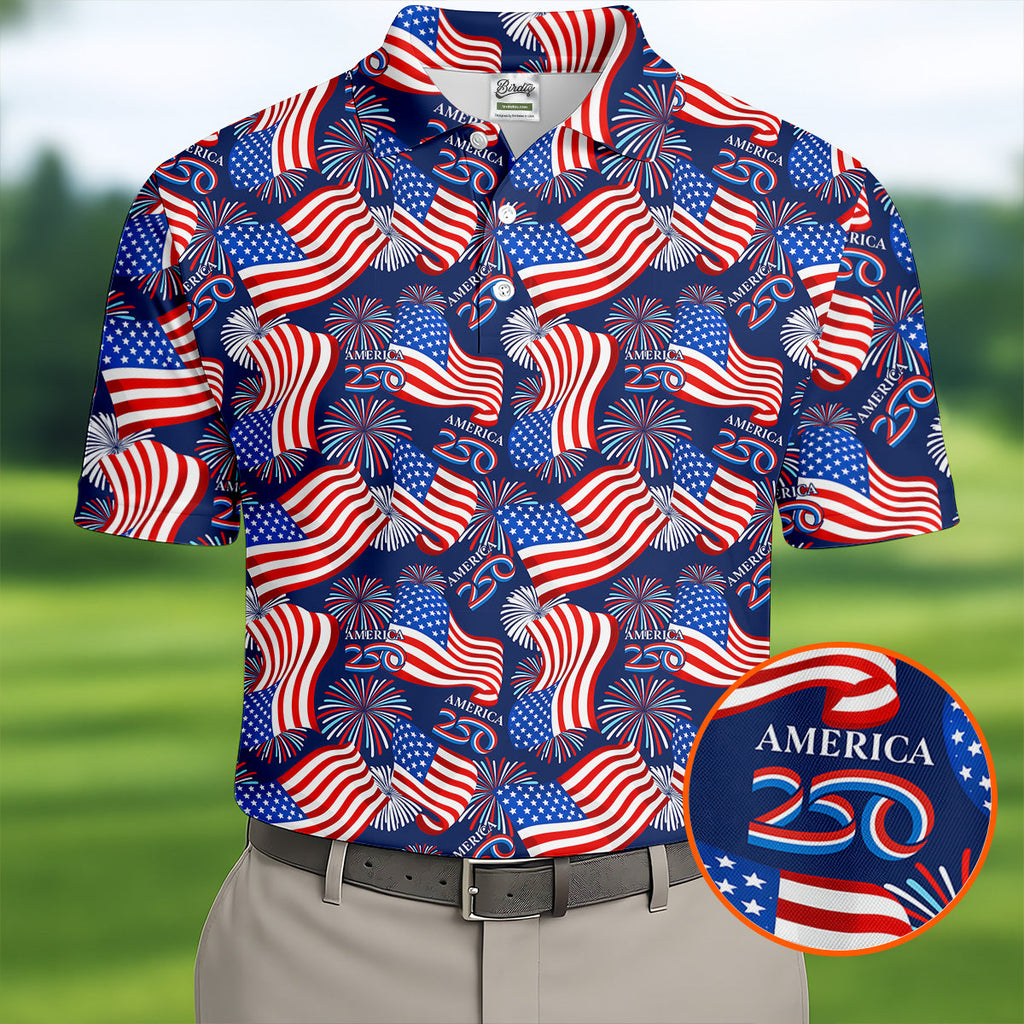 America 250 Anniversary Patriot Flag Navy Golf Shirt, Golf Tops For Men, Golf Shirts For Men
