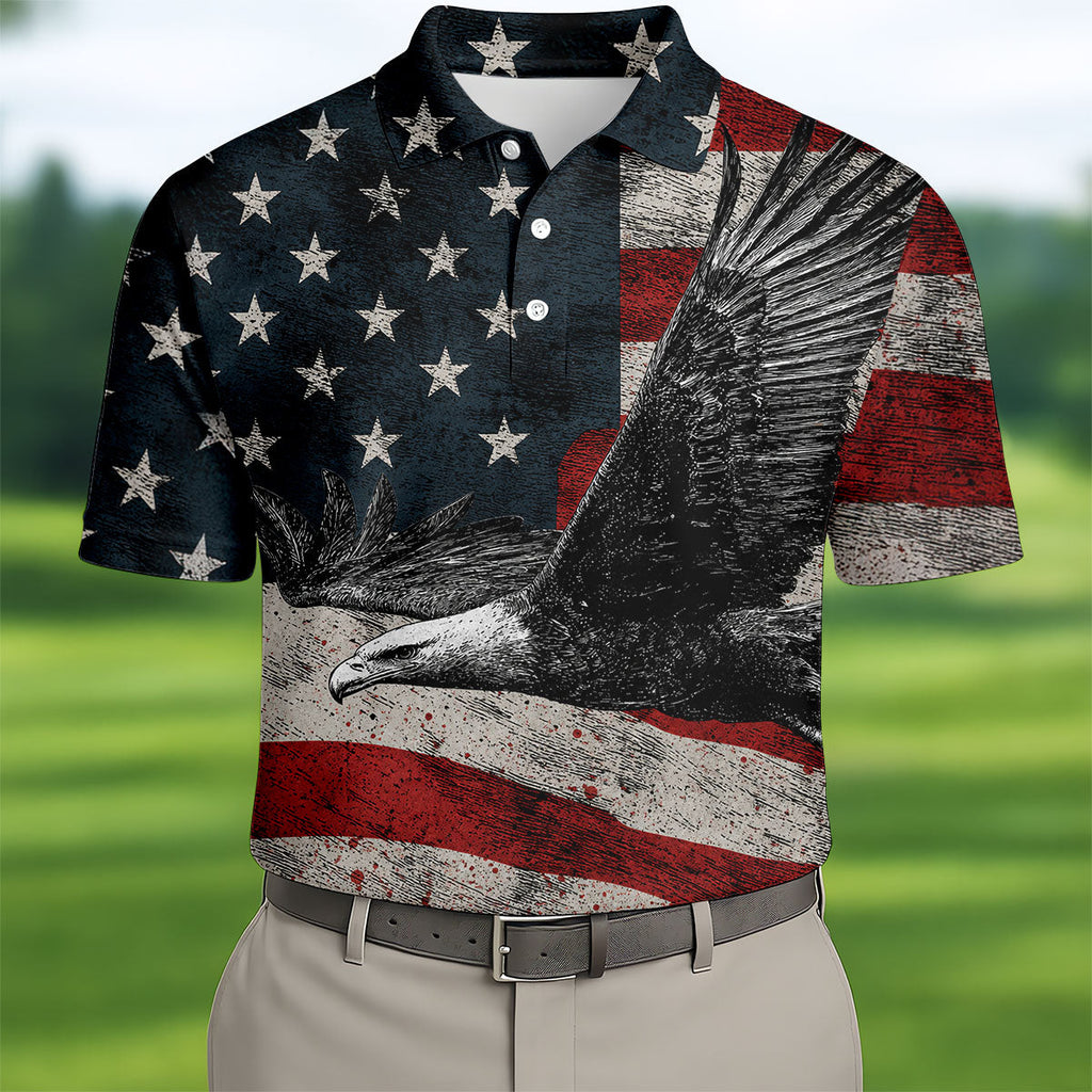Distressed US Flag And Bald Eagle Patriotic Golf Shirt, 4th Of July 250 Years American Pride Golf Shirts For Men
