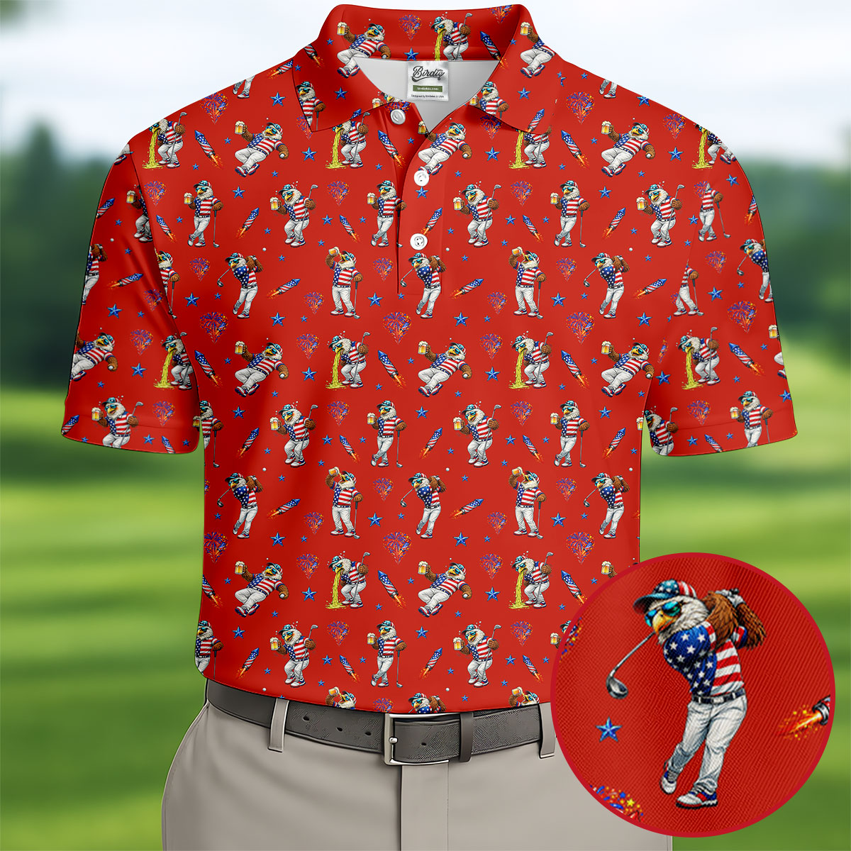 Patriotic Eagle Golf And Beer Funny 4th Of July Red Golf Shirt, 250th Anniversary Golf Shirts For Men